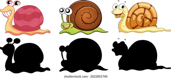 Set of different snails with its silhouette on white background illustration