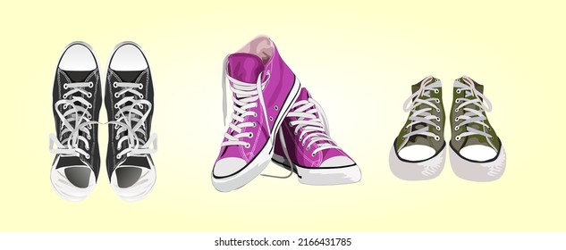 Set of different sneakers. Cool bright sport footwear. Stylish Hand drawn vector colored trendy art illustration isolated. Realistic design.