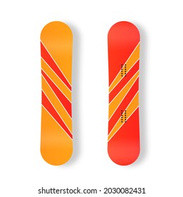 Un conjunto de snowboard diferentes están listos para su diseño aislado en fondo blanco. Icono plano de Snowboard board. Elementos para la foto de la estación de esquí, actividades de montaña. Ilustración vectorial. 