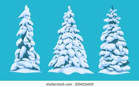 A set different snow  covered Christmas trees in the style cartoon for landscape  Vector illustration 