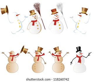 Set of different snowman. Fully editable vector illustration.