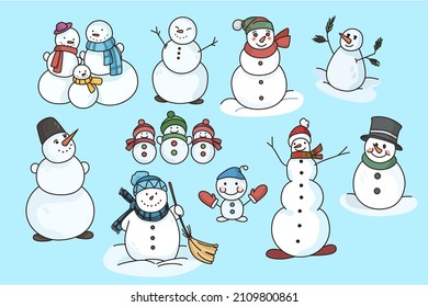 Set of different snowmen in costumes hat and scarf for winter holidays. Collection of festive snow men cartoon characters single and group. New Year and Christmas celebration. Vector illustration. 