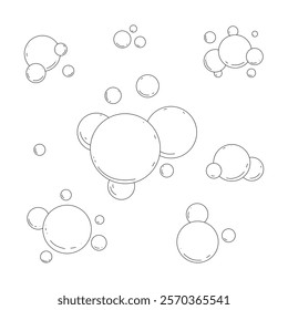 A set of different soap bubbles, foam hand-drawn with a line, isolated on a white background, vector. Decorative flying element for label decoration, decoration, design. Black and white graphic