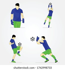 Juego de diferentes futbolistas en diferentes posiciones. Futbolista pateando el balón - Ilustraciones vectoriales