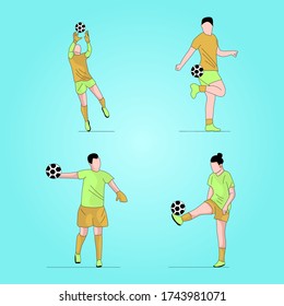 Set of different soccer players in different positions. Football player kicking ball - Vector illustrations