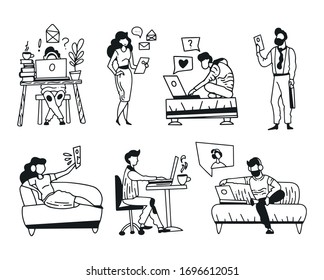 Conjunto de personas de diferentes niveles sociales con gadgets. El concepto de redes y comunicación en línea. Dibujo a mano estilo doodle. Ilustración del vector