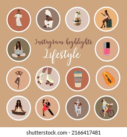 Set of different Social media lifestyle icons. Instagram Highlights covers in Earth tone colors. Abstract Fashion and style Vector art illustrations isolated.