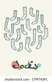 Set Of Different Socks In Circle. Round Shape Made Of Hand Drawn Doodle Socks.