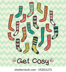 Set of different socks in circle. Round shape made of hand drawn doodle socks. Bright doodle geometrical tiling pattern.