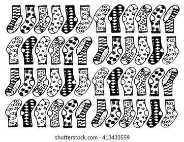Set of different socks in circle. Round shape made of hand drawn doodle socks.