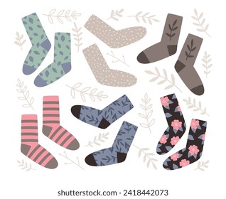Set of different socks on a white background. Vector of clothing sock pair, wear and warm cloth illustration