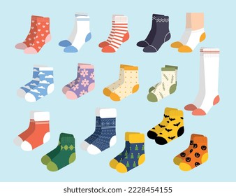 Conjunto de diferentes calcetines. Pegatinas de punto, algodón o calcetines de lana con hermosas huellas. Ropa de piernas acogedora y elegante. Prenda moderna. Colección vectorial plana de dibujos animados aislada en fondo azul