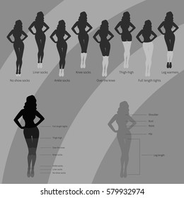 Set of different socks and stockings with names on woman`s silhouette. Simple flat vector illustration