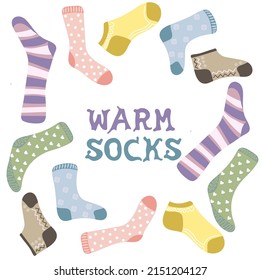 Set of different socks.Warm woolen and cotton socks with cute patterns. Vector illustration