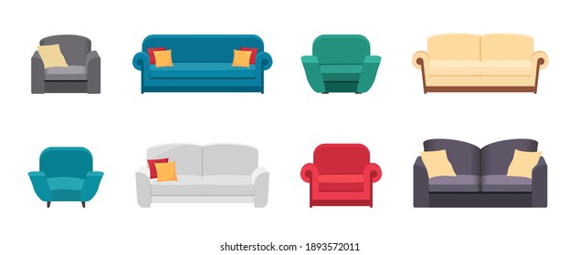 Sie verfügen über verschiedene Sofas und Sessel einzeln für den Innenbereich des Hauses. Sofabikonen der Big Collection. Weißes, blaues, rotes und grünes Sofa. Vektorgrafik im Flachstil.