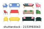 Set of different sofas and armchairs for living room design. Vector illustration in flat style isolated on white background