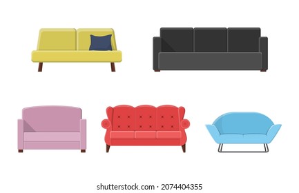 Set of different sofas. Collection soft furniture types in flat style. Beautiful design elements - classic, retro or modern furniture. Colorful vintage and comfort couch. Isolated vector illustration