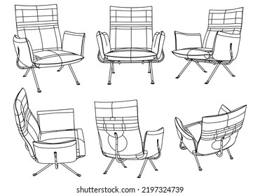Set of different soft armchairs. Linear sketch. Vector illustration.