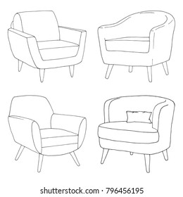 Set of different soft armchairs. Linear sketch. Vector illustration.