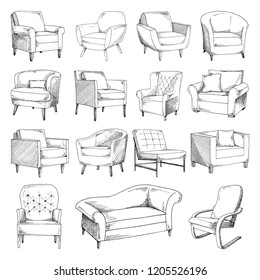 Set of different soft armchairs. Sketch. Vector illustration.