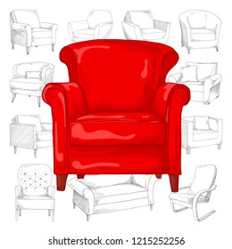 Set of different soft armchairs. Sketch. Vector illustration.
