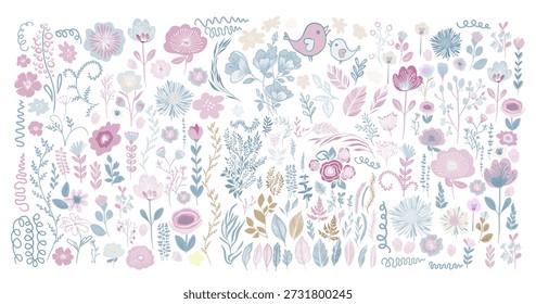 Conjunto de diferentes flores de Vector de color pastel suave. dibujado a mano. IA no, Ilustración vectorial.