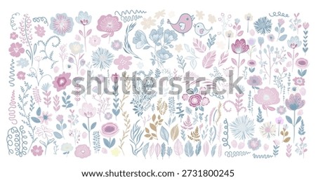 Set of different soft pastel colored vector flowers . hand drawn. Not AI, Vector illustration.