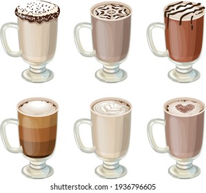 Set with different sorts of coffee in glass. Illustration on white background. 