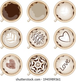 Set with different sorts of coffee in white cups. Illustration on white background can be used for cafe menu and food projects.