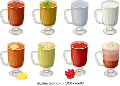 Está decorado con diferentes tipos de té, leche y agua en vidrio. Ilustración sobre fondo blanco. 
