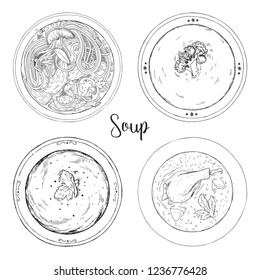 Set of different soups. Vector illustration in sketch style.