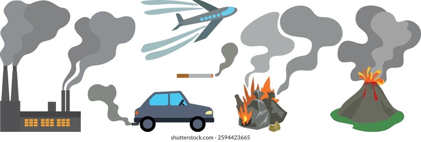 Set of different sources of air pollution. Illustrations for ecology classes with children. Man-made and natural sources of carbon dioxide