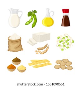 Set of different soy product in a flat cartoon style milk, oil, soy sauce, flour, tofu, miso, meat, tofu skin, sprouts vector illustration isolated on white background.