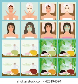 Set of different spa illustrations on a colored background