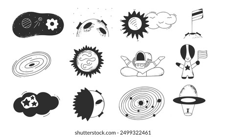 Set of different space icons in hand drawn doodle style. Cosmic collection. Design collection with sun, moon, astronaut, galaxy, solar system.  