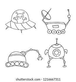 Set of different space objects. Hand drawn sketch. Vector illustration.