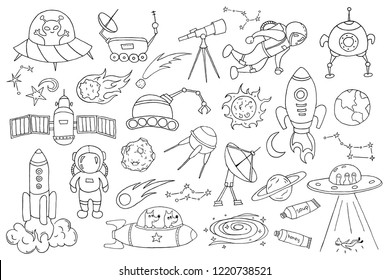 Set of different space objects. Hand drawn sketch. Vector illustration.