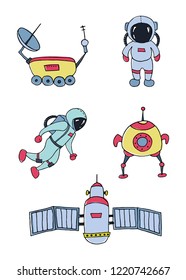 Set of different space objects. Hand drawn sketch. Vector illustration.