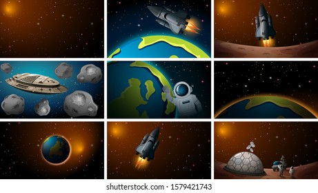 Set of different space and rocket scenes illustration