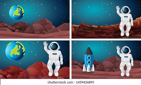 Set of different space scene illustration