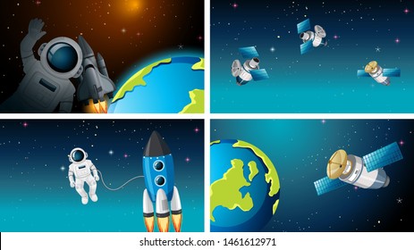 Set of different space scenes with astronauts illustration
