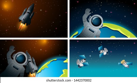 Set of different space scenes illustration