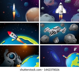 Set of different space scenes illustration