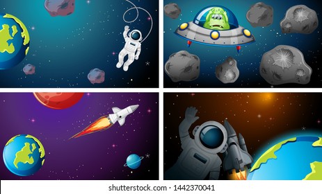 Set of different space scenes illustration