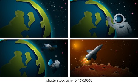 Set of different space scenes illustration