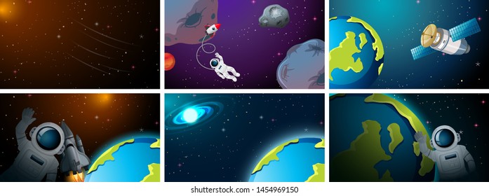 Conjunto de ilustraciones de escenas espaciales diferentes
