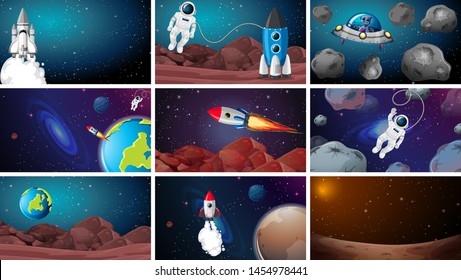Set of different space scenes illustration