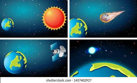 Set of different space scenes illustration