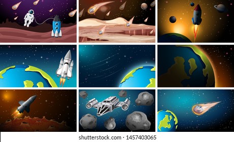 Set verschiedener Weltraumszenen-Illustrationen