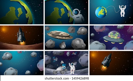 Set of different space scenes illustration